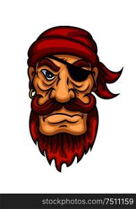 Cartoon portrait of redhead pirate sailor character with curled mustache and beard, eye patch and bandanna. Marine piracy and adventure theme usage. Portrait of cartoon redhead pirate sailor