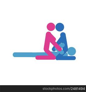 Cartoon pose of threesome sex. Erotic style passion concept flat design. Kamasutra, schematic positions for making love. Blue and pink, bisexual, men and women love each other. Cartoon different positions of threesome sex. Erotic style passion concept flat design.