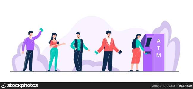 Cartoon positive people standing in queue to atm vector flat illustration. Colorful man and woman together in line holding card, cash and wallet isolated on white background. Cartoon positive people standing in queue to atm vector flat illustration