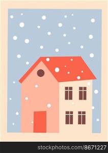 Cartoon postcard. Greeting card for Christmas Thanksgiving, snow winter house isolated on white background. Cartoon postcard. Greeting card for Christmas Thanksgiving, snow winter house