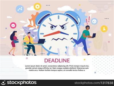 Cartoon Poster. Burning Deadline Theme. Stressed Office People Staff. Big Alarm Clock with Angry Facial Emotion. Lack of Working Time. Paper Documents Piles. Unperformed Work. Vector Flat Illustration