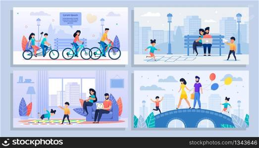 Cartoon Poster Set. Various Family Activities at Home, Outdoors. Happy Parents and Children on Walk, Ride Bicycles, Play Games. Mother, Father, Son, Daughter. Leisure, Sport. Vector Flat Illustration. Cartoon Poster Set with Various Family Activities