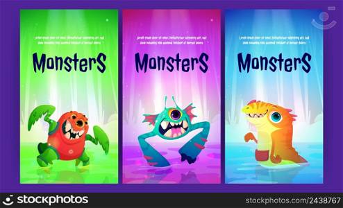 Cartoon posters with cute monsters, invitation flyers template for kids Halloween party or performance with funny characters, aliens, strange animals or creatures spooky personages, Vector banners set. Cartoon posters with cute monsters, invitation