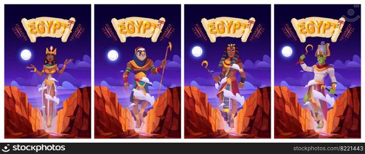 Cartoon posters with Egyptian gods Amun Ra, Horus, Pharaoh and queen Cleopatra. Ancient Egypt deities in royal clothes holding divine power staffs floating in air above rocks, vector illustration. Cartoon posters Egyptian gods Ra, Horus, Pharaoh