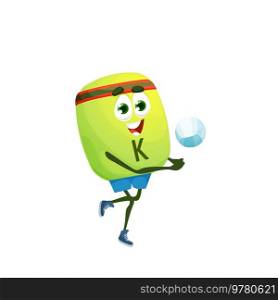 Cartoon potassium kalium volleyball player character. Isolated vector funny bubble pill hits a ball. K nutrient sportsman personage playing volleyball and having fun. Cartoon potassium kalium volleyball player, game