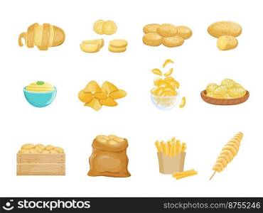 Cartoon potato product. Chips vegetable, food ingredients, bag box potatoes, vegan sslice, pancakes french fries snacks, cooked products, set isolated vector illustration. Potato snack chip delicious. Cartoon potato product. Chips vegetable, food ingredients, bag box potatoes, vegan dishes slice, pancakes french fries snacks, cooked products, set exact isolated vector illustration