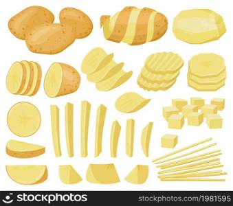 Cartoon potato, raw sliced potatoes, french fries, chips. Potatoes vegetable products, chopped and peeled potatoes vector illustration set. Ripe, tasty potato vegetable. Food vegetable cartoon. Cartoon potato, raw sliced potatoes, french fries, chips. Potatoes vegetable products, chopped and peeled potatoes vector illustration set. Ripe, tasty potato vegetable