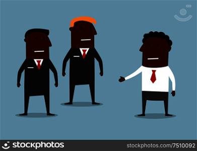 Cartoon powerful bodyguards in black suits guarding a carefree businessman. Business security concept. Powerful bodyguards guarding a businessman