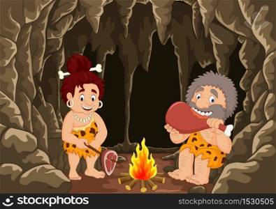 Cartoon prehistoric caveman couple
