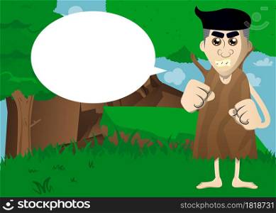 Cartoon prehistoric man holding his fists in front of him ready to fight. Vector illustration of a man from the stone age.