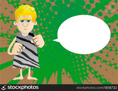Cartoon prehistoric man holding his fists in front of him ready to fight. Vector illustration of a man from the stone age.
