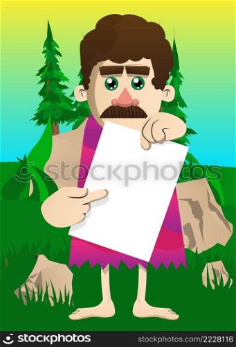 Cartoon prehistoric man holding white paper and pointing at it. Vector illustration of a man from the stone age.
