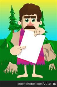 Cartoon prehistoric man holding white paper and pointing at it. Vector illustration of a man from the stone age.