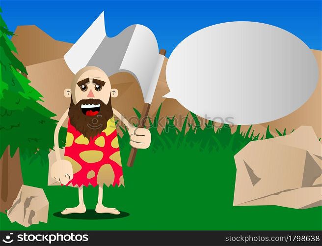Cartoon prehistoric man holds white flag of surrender. Vector illustration of a man from the stone age.