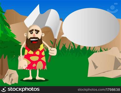 Cartoon prehistoric man holds white flag of surrender. Vector illustration of a man from the stone age.