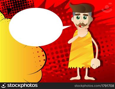 Cartoon prehistoric man thinking. Holding his chin with his hand. Vector illustration of a man from the stone age.