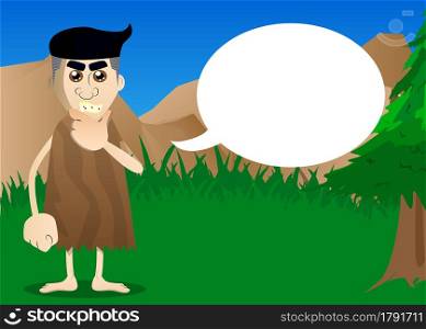 Cartoon prehistoric man thinking. Holding his chin with his hand. Vector illustration of a man from the stone age.