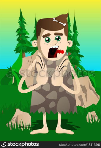 Cartoon prehistoric man with clapping hands. Vector illustration of a man from the stone age.