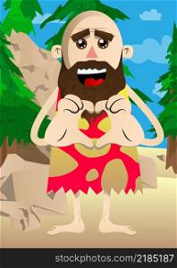 Cartoon prehistoric man with heart shape hand gesture. Vector illustration of a man from the stone age.