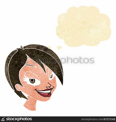 cartoon pretty female face with thought bubble