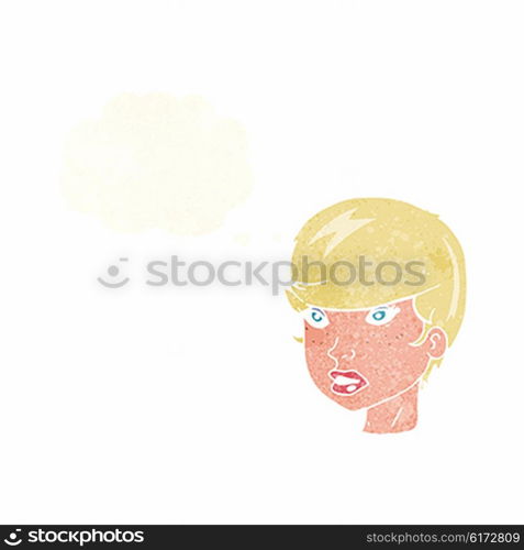 cartoon pretty female face with thought bubble