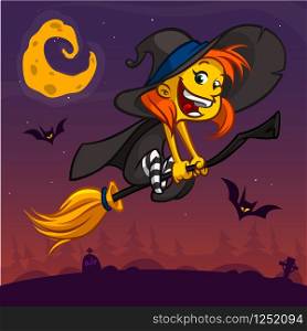 Cartoon pretty funny witch flying on her broom. Halloween vector illustration isolated on night background with cemetery and full moon. Children book illustration