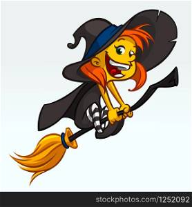 Cartoon pretty funny witch flying on her broom. Halloween vector illustration isolated on white