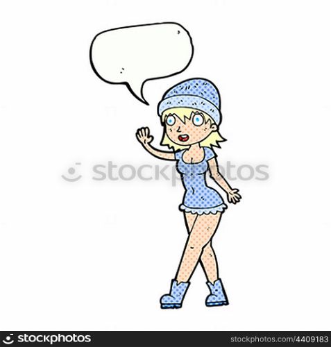 cartoon pretty girl in hat waving with speech bubble