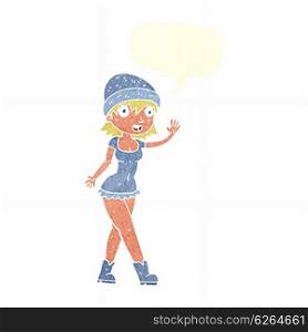 cartoon pretty girl in hat waving with speech bubble