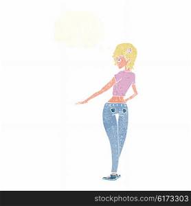 cartoon pretty girl in jeans and tee with thought bubble