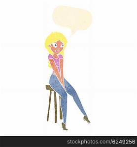 cartoon pretty girl on stool with speech bubble
