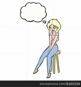 cartoon pretty girl on stool with thought bubble
