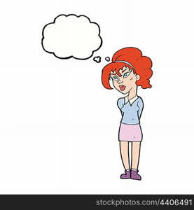 cartoon pretty girl tilting head with thought bubble