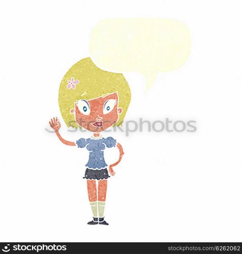 cartoon pretty girl waving with speech bubble