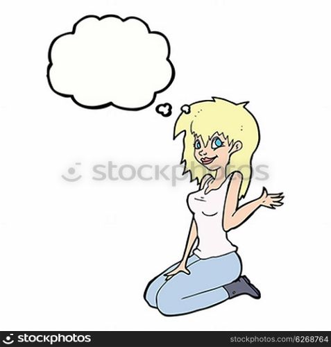 cartoon pretty girl waving with thought bubble