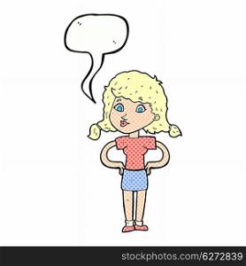 cartoon pretty girl with hands on hips with speech bubble