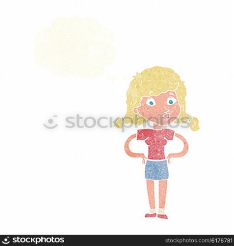 cartoon pretty girl with hands on hips with thought bubble