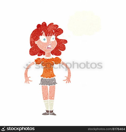 cartoon pretty girl with shocked expression with thought bubble