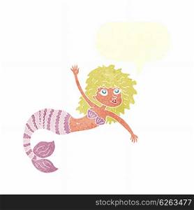 cartoon pretty mermaid waving with speech bubble