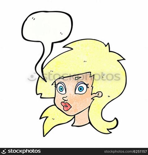 cartoon pretty surprised woman with speech bubble
