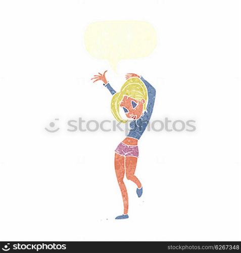 cartoon pretty woman dancing with speech bubble