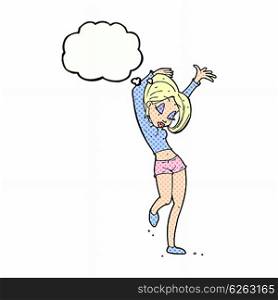 cartoon pretty woman dancing with thought bubble