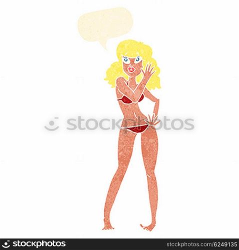 cartoon pretty woman in bikini with speech bubble