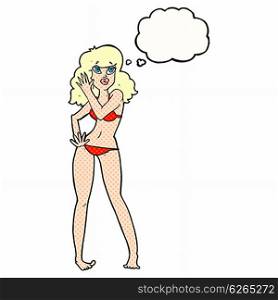 cartoon pretty woman in bikini with thought bubble