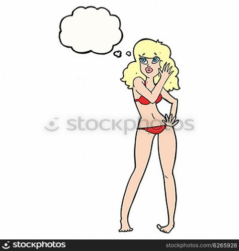 cartoon pretty woman in bikini with thought bubble