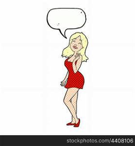 cartoon pretty woman in cocktail dress with speech bubble