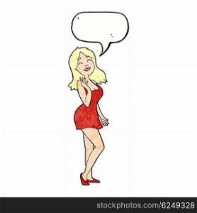 cartoon pretty woman in cocktail dress with speech bubble