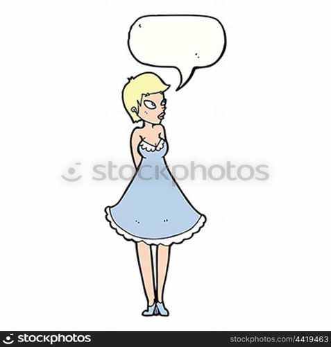 cartoon pretty woman in dress with speech bubble