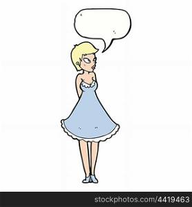 cartoon pretty woman in dress with speech bubble