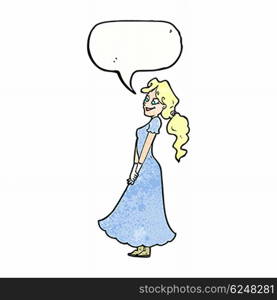 cartoon pretty woman in dress with speech bubble